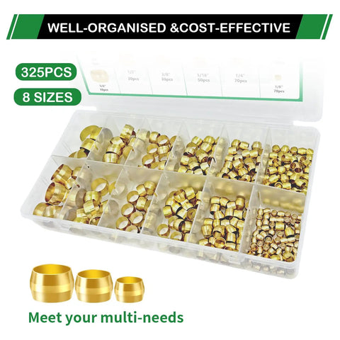 Brass Compression Sleeves Ferrules Fittings 325Pcs Assortment Kit in box with 8 sizes for air, water, fuel, oil, gas lines