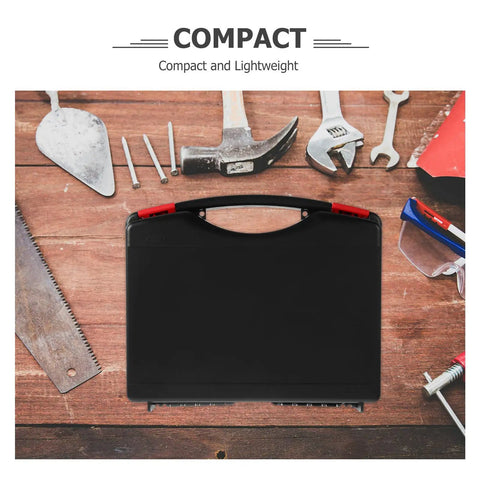 Top Tier Portable Tool Organizer Box With Sturdy Handle, Drop Guard Plastic Toolbox For Garage Mods And Vehicle Fixes, No Sweat Slick Hardware Storage Case, black toolbox on wooden surface.