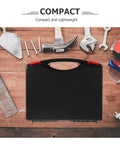 Badass Plastic Toolbox With Ergonomic Handle Designed For Mechanics And Handymen Who Demand Durability Compact Gear Slinger For Trucks, shown on a wooden surface with tools.