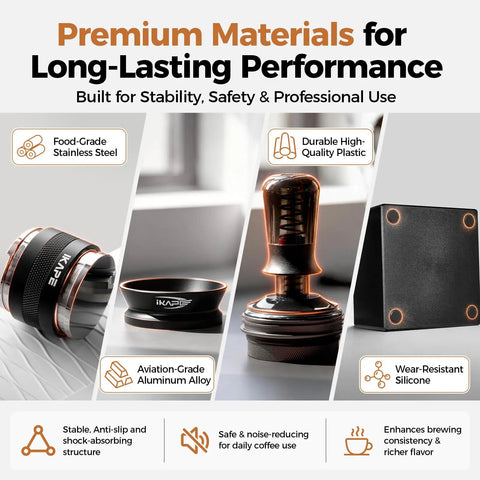 Premium materials of Solid Gold 58 Mm Espresso Toolkit Designed For Home Baristas including stainless steel, silicone, and aluminum.