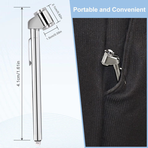 Chrome-plated pencil-style tire pressure gauge with pocket clip, 4.1 cm long.