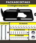 Premium Grade Rock Solid Slotted LS Swap Motor Mounts For Custom Tilt And Clearance Fixes Works With Manual Or Auto Transmissions Quick Shop Install Beat Fitment Bull, package details with screws and gaskets.