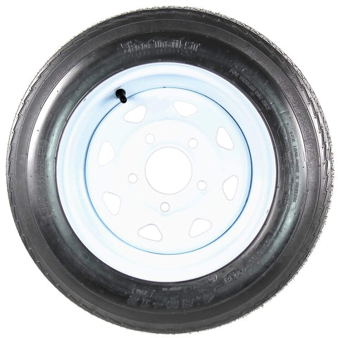Front view of Two Pack Trailer Tire Rim Combo 4.80-12 480-12 with 5 Lug On 4.5 Inch Center White Spoke Wheel built for durability.