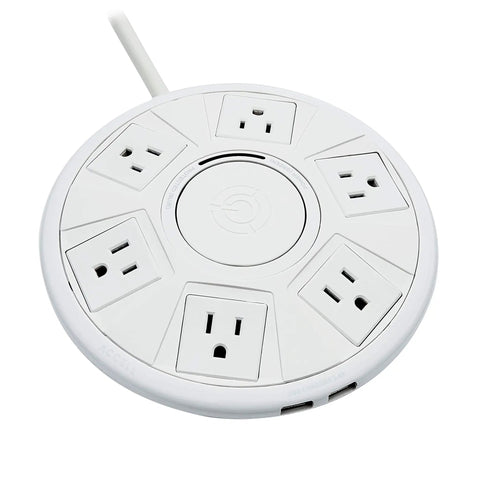 Top view of Six Outlet Surge Protector with USB Charging Station 1080 Joules 6 Ft Cord On Off Button Green Power Indicator