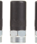 Front view of three black heavy-duty grease gun couplers with knurled grip and 1/8-in NPT threading