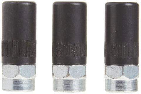 Front view of three black heavy-duty grease gun couplers with knurled grip and 1/8-in NPT threading