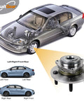 Diagram showing car with transparent view of wheel system and focus on Front Wheel Hub and Bearing Assembly Pair for 2002-2008 Ram 1500 2WD ABS Direct Replacement OEM Quality Front Wheel Hubs and Bearings.