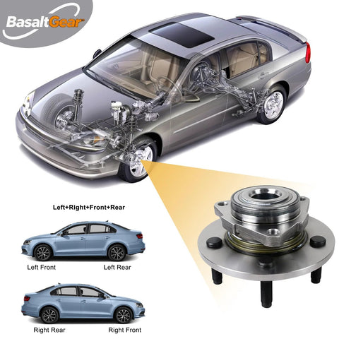 Diagram showing car with transparent view of wheel system and focus on Front Wheel Hub and Bearing Assembly Pair for 2002-2008 Ram 1500 2WD ABS Direct Replacement OEM Quality Front Wheel Hubs and Bearings.