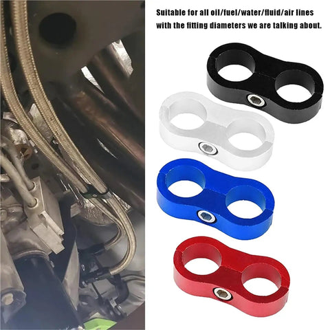Top Tier 12 Piece Billet Aluminum Fuel Line Clamp Set With AN4 AN6 AN8 AN10 AN12 Hose Separators And Wire Kits For Serious Street Rides And Drag Racing Builds That Need Reliable Grip And Smooth Style. billet aluminum hose separator in engine bay