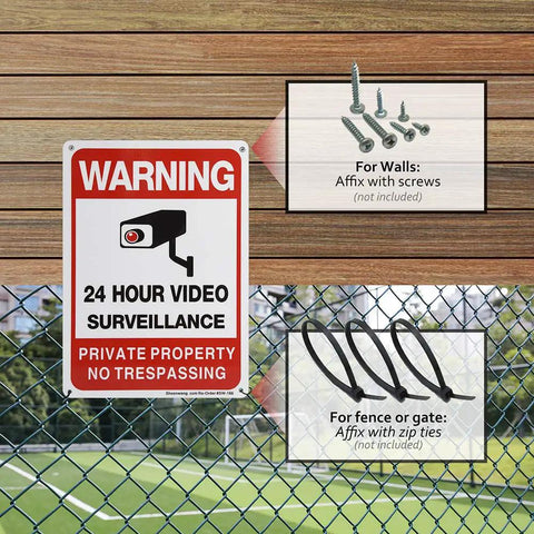 Private Property No Trespassing Sign 2 Pack For Outdoor Use With Video Surveillance Signs Aluminum 10x7 Inches UV Printed Rust Free CCTV Security Camera Sign For Home Or Business Driveway mounted on fence with installation options shown.