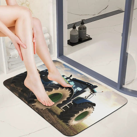 Farm Tractor Diatom Mud Bath Mat Quick Dry Non Slip Rug in bathroom setting, person seated with feet on mat