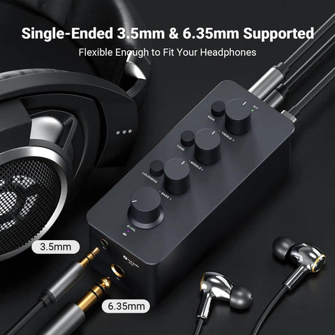 SK01 Portable Headphone Amplifier With Built In EQ And Preamp Bass Midrange Treble Tone Control And Loudness Class A Analog Amp For Electric Guitar Easy Dial In Sound 3.5mm And 6.35mm Jacks with headphones and cables