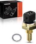 A-Premium coolant temperature sensor with brass threaded stem and black plastic connector; washer included.