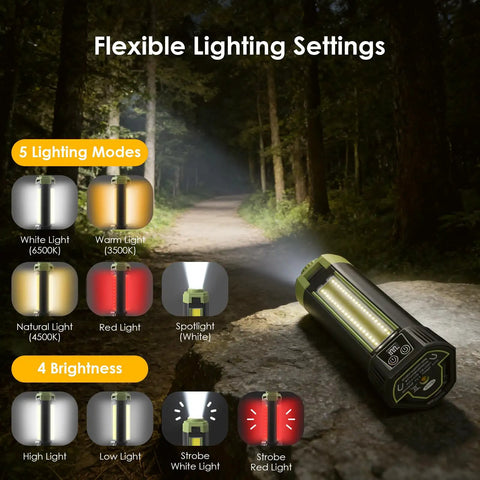 Rechargeable Camping Lantern With 9000mAh Battery, Adjustable Light Modes and Brightness on forest path