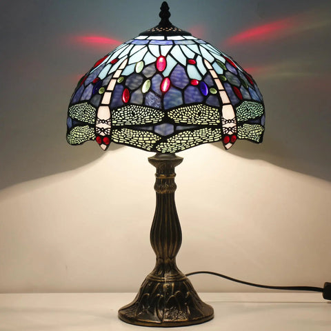 Blue Tiffany Style Dragonfly Stained Glass Table Lamp Dope Light For Bedroom Or Living Room 12 Inch Shade 18 Inch Tall With Antique Green Bronze Base UL Listed Bedside Desk Lamp S004 Series lit on a table