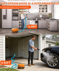 Heavy Duty Handheld Steam Cleaner For Home And Car 1500W with 6.56FT steam hose and 4.92FT power cord in kitchen and garage.
