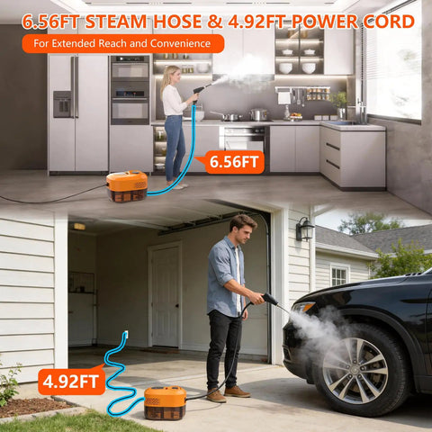 Heavy Duty Handheld Steam Cleaner For Home And Car 1500W with 6.56FT steam hose and 4.92FT power cord in kitchen and garage.