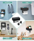 Super Handy Matte Black Toilet Paper Holder With Shelf And Storage For Flushable Wipes Includes Two Pack Towel Robe Hooks Made Of Rustproof Stainless Steel Adhesive Or Screw Wall Mount For Bathroom multiple views