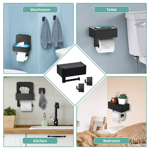 Super Handy Matte Black Toilet Paper Holder With Shelf And Storage For Flushable Wipes Includes Two Pack Towel Robe Hooks Made Of Rustproof Stainless Steel Adhesive Or Screw Wall Mount For Bathroom multiple views