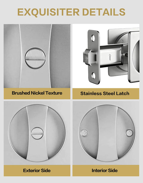 Brushed Nickel Pocket Door Lock And Latch, Contemporary Privacy Lock For Bathroom And Bedroom, Slick Pocket Door Hardware