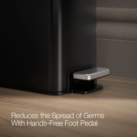 Black Stainless Small Trash Can With Foot Pedal And Quiet Close Lid 1.6 Gallon 6 Liter Fingerprint Resistant Stainless Steel Waste Bin For Bathroom Or Kitchen Hands Free Operation Durable And Sleek with foot pedal detail.