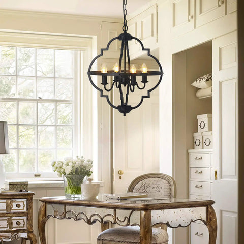 Rustic Farmhouse Black Chandelier For Dining Room And Living Areas With Industrial Metal Design, 18.1 Inch Adjustable Height