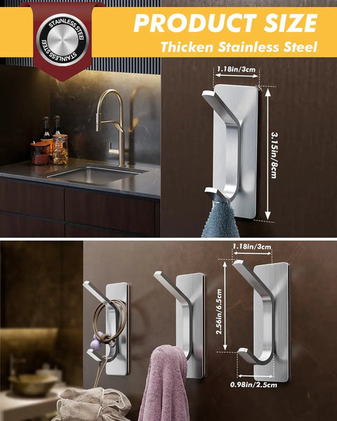 Heavy Duty Stainless Steel Self Adhesive Hooks 15lb Pack of 5 Double Hook Design shown in kitchen and bathroom settings