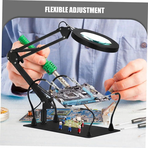Person using Six Piece Welding Fixture With Magnifying Glass Lamp Clamp And Circuit Board Holder For Soldering, Durable Iron Build