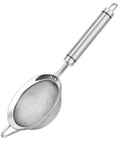 304 Stainless Steel Fine Mesh Strainer With Handle Skimmer shown from side angle, heavy-duty, scratch-free mirror finish, kitchen use