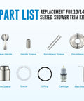 Delta 13 Series Trim Kit Replacement parts including handle, escutcheon, and cartridge for shower trim set.