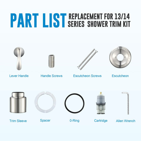Delta 13 Series Trim Kit Replacement parts including handle, escutcheon, and cartridge for shower trim set.