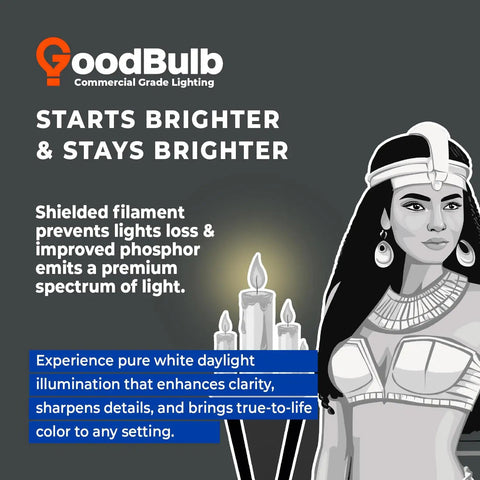 Graphic promoting GoodBulb CFL lighting, highlighting bright daylight spectrum and enhanced clarity, with a stylized statue illustration.
