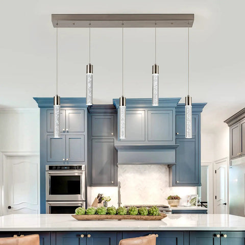 5 Light Pendant Ceiling Light Fixture For Kitchen Island With Crystal Bubble Beads in brushed nickel over modern kitchen