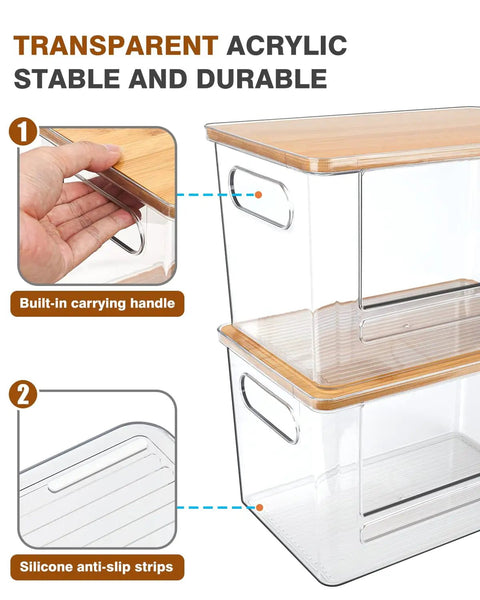 Kicking Clutter Away Trash Bag Dispenser 2 Pack with bamboo top, transparent acrylic, features carrying handle and silicone anti-slip strips.
