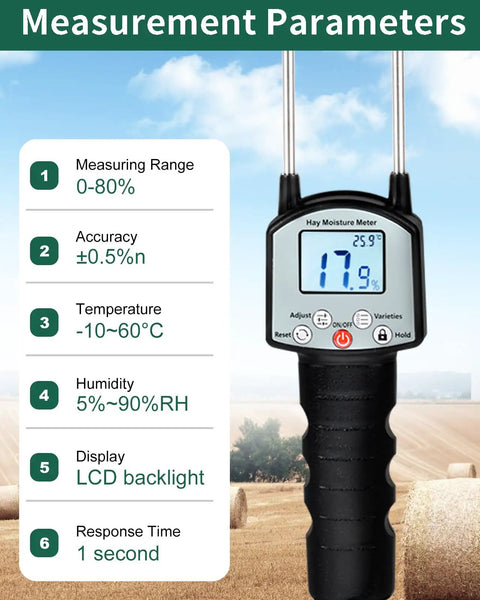Portable Hay Moisture Meter With Dual Probe Forage Tester Fast Accurate Readings From 0 To 80 Percent With Auto Temperature Compensation Great For Alfalfa Orchard Grass And Bales Helps You Nail Harvest Timing And Safe Stocking, black handheld with LCD display