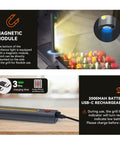 Magnetic LED grill light with magnetic base attached to grill, showing bright light on skewers, USB-C charging cable connected.