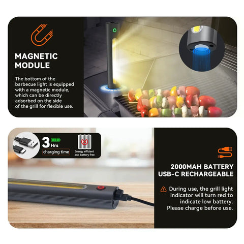 Magnetic LED grill light with magnetic base attached to grill, showing bright light on skewers, USB-C charging cable connected.