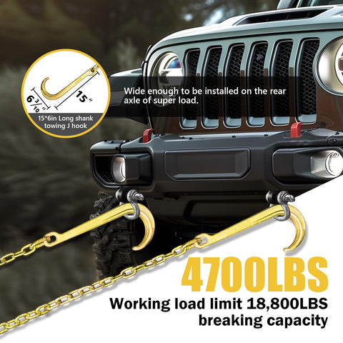 Two Pack Grade 80 Tow Chain With J Hooks And RTJ Grab Hooks Five Sixteenth Inch By Six Foot Recovery Chain on vehicle bumper