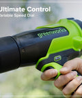 Detail of the Greenworks leaf blower's variable speed dial control for optimal performance in yard work, part of the combo for tackling stubborn weeds fast with the heavy duty 24V brushless string trimmer and 270 CFM electric leaf blower combo plus reliable 20 Ah battery pack for epic yard hustle.