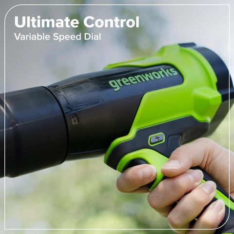 Detail of the Greenworks leaf blower's variable speed dial control for optimal performance in yard work, part of the combo for tackling stubborn weeds fast with the heavy duty 24V brushless string trimmer and 270 CFM electric leaf blower combo plus reliable 20 Ah battery pack for epic yard hustle.