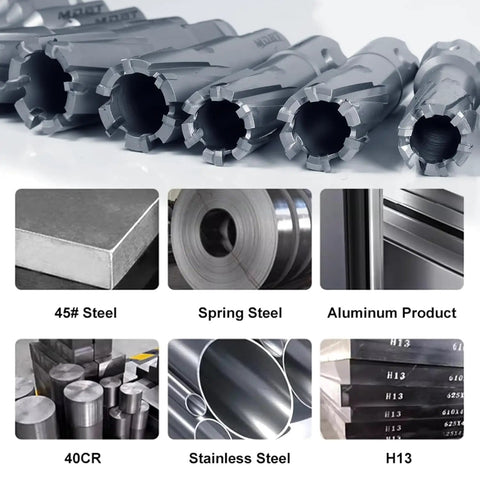Heavy Duty Carbide Annular Cutter Kit With Eight Precision Hole Saws And Dual Pilot Pins Built Super Tough for seamless metal drilling.