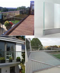 Heavy Duty Aluminum Glass Railing Spigot Kit for 10 to 17 mm glass panels on a wooden deck with flowers and balcony.