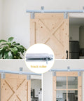 Heavy Duty Exterior Sliding Barn Door Roller Kit With Track Wheels For Doors From One And Three Quarters Inch To Two And One Quarter Inch, Solid Steel With Sealed Ball Bearings, 440 Lb Weight Capacity, Durable 2 Pack For Barn Gates And Shed Doors installed on wooden barn doors.