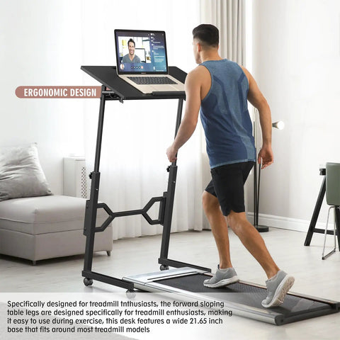 Small Standing Desk On Wheels For Treadmill Workouts, Portable Rolling Desk With Adjustable Height For Laptop, Mobile Standing Table