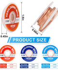 Desoldering Solder Wick Braid Kit With Flux, 3 Size Spools 0.08, 0.1, and 0.12 Inch, 10 Feet Each product sizing diagram