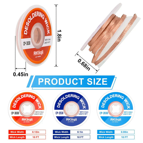 Desoldering Solder Wick Braid Kit With Flux, 3 Size Spools 0.08, 0.1, and 0.12 Inch, 10 Feet Each product sizing diagram