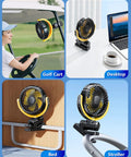Battery Powered Clip On Car Fan For Visor And Back Seat, Portable USB Rechargeable, shown on golf cart, desk, bed, stroller