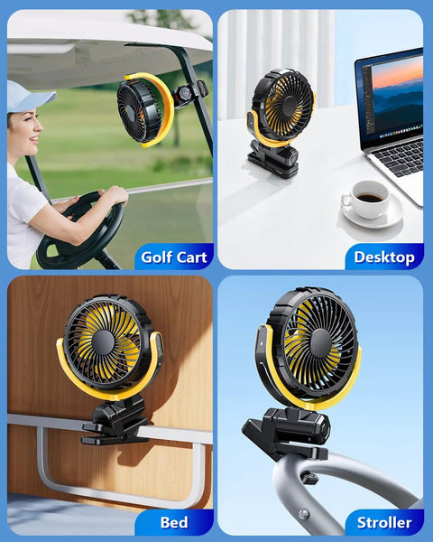 Battery Powered Clip On Car Fan For Visor And Back Seat, Portable USB Rechargeable, shown on golf cart, desk, bed, stroller