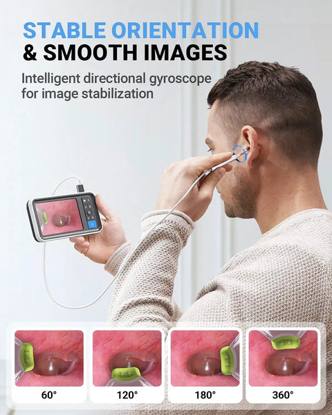 Home Ear Otoscope With 4.5 Inch IPS Display And 3.9mm Ear Camera With Gyroscope For Clear At Home Inspection, man using it at ear