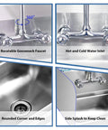 Close-up details of heavy duty stainless steel hand sink with faucet, showcasing gooseneck, hot/cold inlets, and side splash.
